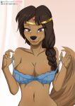  5_fingers anthro blue_bra blue_clothing blue_underwear bra breasts canid canine canis clothing collarbone domestic_dog eyebrows female fingers forehead_gem front_view fur hair mammal pixiv_fanbox solo subscribestar the_dark_mangaka underwear 