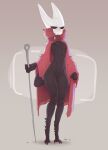 2022 anthro arthropod black_body breasts cloak clothing fecharis female full-length_portrait genitals grey_background hi_res holding_object holding_weapon hollow_knight hornet_(hollow_knight) insect maxmushroom mostly_nude nipples one_breast_out portrait pussy simple_background solo team_cherry video_games weapon 
