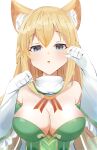  1girl animal_ears arms_up bare_shoulders bimmy blonde_hair blue_eyes blush braid breasts cat_ears cleavage dress elbow_gloves embarrassed english_commentary eyebrows_visible_through_hair fake_animal_ears gloves hair_between_eyes highres large_breasts long_hair looking_at_viewer neptune_(series) open_mouth simple_background solo upper_body vert_(neptune_series) white_background white_gloves 