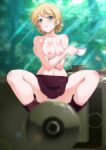  1girl blonde_hair blue_eyes blurry blurry_background boots braid breasts brown_footwear brown_skirt cannon closed_mouth commentary_request cup darjeeling_(girls_und_panzer) forest french_braid girls_und_panzer ground_vehicle holding holding_cup kaname_aomame legs medium_breasts military military_vehicle motor_vehicle nature nipples outdoors panties short_hair skirt solo sunlight tank teacup topless underwear white_panties 
