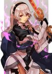  1girl angry arm_guards armor bangs blue_cape breastplate brooch buckle cape clothing_cutout collar corrin_(fire_emblem) corrin_(fire_emblem)_(female) cuirass fire_emblem fire_emblem_fates hair_ornament hairpin headband hungry_clicker jewelry leg_armor leggings lightning long_hair looking_at_viewer pointy_ears red_eyes simple_background solo sword thigh_cutout weapon white_hair 