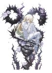  1girl ahoge barefoot belt belt_buckle blonde_hair bodysuit buckle closed_mouth flower half-closed_eyes knee_up long_hair looking_at_viewer original petals purple_eyes rose sitting solo straitjacket thorns wanke white_background white_bodysuit white_flower white_rose zipper 