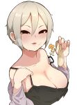  1girl black_eyes blush breasts camisole cleavage condom disheveled earrings grey_hair grey_jacket holding holding_condom idolmaster idolmaster_cinderella_girls jacket jewelry large_breasts looking_at_viewer open_clothes open_jacket shiomi_syuko short_hair smile solo stray_pubic_hair sweat takato_kurosuke used_condom 