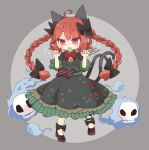  1girl animal_ears black_bow bow braid cat_ears cat_tail claw_pose dress fang floating_hair frills full_body gao grey_background hair_bow hitodama kaenbyou_rin long_hair looking_at_viewer multiple_tails nekomata puffy_sleeves red_eyes red_hair solo tail touhou twin_braids twintails two_tails very_long_hair yaco_(nuitnotte) 