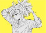  1boy boku_no_hero_academia collared_shirt eyebrows_visible_through_hair greyscale hand_in_own_hair male_focus mkm_(mkm_storage) monochrome rody_soul shirt signature simple_background sleeves_rolled_up solo spot_color tied_hair tying_hair upper_body yellow_background 