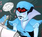  blue_body blush bodily_fluids clothing cum deltarune duo erection fellatio female genital_fluids genitals gloves handwear humanoid incognitocat machine male male/female not_furry oral penile penis queen_(deltarune) robot robot_humanoid sex simple_background smile spamton_g._spamton speech_bubble undertale_(series) video_games white_body 