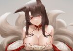  1girl absurdres akagi_(azur_lane) akagi_(dawn_phoenix&#039;s_summons)_(azur_lane) animal_ear_fluff animal_ears artist_name azur_lane bangs bare_shoulders blush breasts brown_hair china_dress chinese_clothes cleavage closed_mouth collarbone dress eyebrows_visible_through_hair fox_ears fox_tail highres ichikushi_mojibake large_breasts lips long_hair looking_at_viewer nail_polish official_alternate_costume red_eyes red_nails shaded_face simple_background solo tail upper_body white_dress 