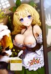  1girl :o absurdres alcohol animal ankkoyom apron bangs bare_shoulders barmaid beer beer_mug blonde_hair blouse blue_eyes blush bodice braid breasts cat collarbone cup dengeki_moeou dirndl earrings eyebrows_visible_through_hair eyelashes frilled_apron frills german_clothes highres holding holding_cup jewelry large_breasts long_hair looking_at_viewer low_braid mug nipple_slip nipples oktoberfest open_mouth original solo traditional_clothes translation_request twin_braids underbust waist_apron waitress wardrobe_malfunction white_apron wrist_cuffs 