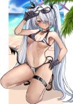  1girl absurdres bangs beach bikini black_bikini black_choker black_gloves black_swimsuit blue_archive blush bow breasts choker closed_mouth demon_tail eyebrows_visible_through_hair eyewear_on_head full_body gloves hair_between_eyes hair_bow hair_over_one_eye hand_on_eyewear hand_on_hip highres iori_(blue_archive) kneeling long_hair looking_at_viewer navel pointy_ears purple_eyes rudang sandals silver_hair simple_background small_breasts smile solo swimsuit tail twintails very_long_hair wet 