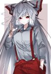  1girl bangs bow breasts cigar fujiwara_no_mokou hair_bow hair_ribbon highres long_hair long_sleeves looking_at_viewer pants red_eyes red_pants ribbon shirt sidelocks sleeve_garter smoke solo suspenders touhou very_long_hair vivo_(vivo_sun_0222) white_hair white_shirt 