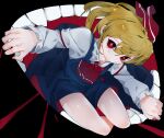  1girl ascot black_dress blonde_hair bow collared_shirt darkness dress hair_bow hair_ribbon highres ikurauni long_sleeves looking_at_viewer mouth red_ascot red_eyes red_nails red_ribbon ribbon rumia shirt short_hair solo touhou vest white_shirt youkai 