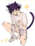  1boy animal_ears bandaid bandaid_on_arm bandaid_on_face bandaid_on_knee bandaid_on_leg bandaid_on_nose bangs black_hair cat_boy cat_ears cat_tail claw_pose commentary_request fangs fingernails fushiguro_megumi green_eyes jujutsu_kaisen knee_up looking_at_viewer m167cm male_focus open_mouth paw_print paw_print_background shirt short_hair short_sleeves shorts solo spiked_hair squatting tail white_shirt white_shorts younger 