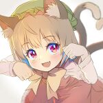  1girl :d animal_ear_fluff animal_ears blurry blurry_background blush bow bowtie cat_ears cat_girl cat_tail chen depth_of_field eyebrows_visible_through_hair fang from_above green_headwear hat heart heart_tail long_sleeves looking_at_viewer mob_cap multiple_tails nekomata open_mouth paw_pose red_eyes red_vest shiroi_karasu shirt short_hair simple_background skin_fang smile solo tail touhou two_tails vest white_background 