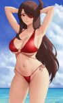  1girl absurdres bangs bare_shoulders beidou_(genshin_impact) bikini blush breasts brown_hair cleavage collarbone genshin_impact highres large_breasts long_hair looking_at_viewer navel smile solo swimsuit thighs zaphn 