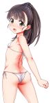  1girl :d ass bangs bare_arms bare_shoulders bikini black_hair blush breasts brown_eyes commentary_request eyebrows_visible_through_hair from_behind fukuyama_mai highres idolmaster idolmaster_cinderella_girls long_hair looking_at_viewer looking_back micro_bikini ponytail side-tie_bikini simple_background small_breasts smile solo swimsuit testa white_background white_bikini 