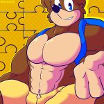  2022 4_fingers abs anthro backpack banjo-kazooie banjo_(banjo-kazooie) beckoning big_muscles bottomwear bulge clothed clothing fingers fizzyjay fur gesture hi_res looking_at_viewer male mammal muscular muscular_anthro muscular_male navel pattern_background pecs puzzle_piece rareware shorts simple_background sitting smile solo teeth text topless topless_anthro topless_male tuft url ursid video_games yellow_background 