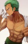  1boy abs commentary_request drying earrings green_hair highres holding holding_towel jewelry looking_away looking_to_the_side male_focus mature_male muscular muscular_male oekakiboya one_piece pectoral_cleavage pectoral_focus pectorals roronoa_zoro scar short_hair solo standing topless_male towel towel_around_neck towel_on_head upper_body 