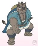  2022 anthro asian_clothing bottomwear brown_body clothing east_asian_clothing eye_patch eyewear footwear goyemon_k hi_res humanoid_hands japanese_clothing kemono male mammal overweight overweight_male sandals shorts simple_background solo suid suina sus_(pig) weapon white_background wild_boar 