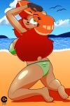  absurd_res anthro beach big_breasts bikini blush breasts butt_pose clothing dark_templar_(artist) eye_through_hair female hair hi_res julie_bruin kneeling lipstick looking_at_viewer looking_back makeup mammal nipple_outline one_eye_closed pose seaside solo swimwear tiny_toon_adventures translucent translucent_hair ursid warner_brothers wink 