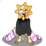  animatronic anonymous_artist black_clothing black_hoodie black_tongue black_topwear clothed clothing hands_on_ground hoodie legwear machine male penis_tentacles pink_stockings robot solo spread_legs spreading stockings sun_(fnaf) tentacles tongue tongue_out topwear 