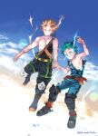  2boys bakugou_katsuki belt blonde_hair bodysuit boku_no_hero_academia boots cloud dirty electricity explosive freckles green_bodysuit green_hair grenade highres holding_hands knee_pads male_focus midoriya_izuku multiple_boys red_belt red_eyes sky spiked_hair torn_bodysuit torn_clothes twitter_username ume_(326310) v-shaped_eyebrows 