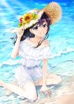  1girl barefoot beach black_hair blue_eyes day dress flower hat hat_flower highres joma0115 long_hair looking_at_viewer nail_polish ocean original outdoors sitting smile solo straw_hat sunflower wariza water white_dress 