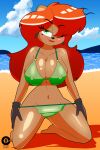  absurd_res anthro beach big_breasts bikini breasts clothing dark_templar_(artist) eye_through_hair female hair hi_res julie_bruin kneeling lipstick looking_at_viewer makeup mammal nipple_outline one_eye_closed seaside solo swimwear tiny_toon_adventures translucent translucent_hair ursid warner_brothers wink 