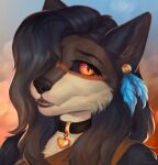  2022 anthro black_sclera breasts canid canine canis clothed clothing collar digital_media_(artwork) domestic_dog ear_piercing feather_earring felicia_cat female fur hair hi_res looking_at_viewer mammal open_mouth orange_eyes piercing smile solo teeth tongue 