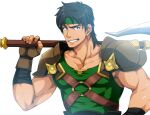 1boy armor axe black_eyes black_hair brown_gloves collarbone commentary_request fingerless_gloves fire_emblem fire_emblem:_thracia_776 gloves green_headband green_shirt grin headband holding holding_axe holding_weapon looking_at_viewer male_focus medium_hair muscular nura orsin_(fire_emblem) over_shoulder partial_commentary pauldrons shirt shoulder_armor simple_background sleeveless sleeveless_shirt smile solo upper_body weapon weapon_over_shoulder white_background wrist_wrap 