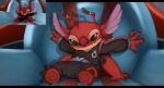  2022 4_toes 5_arms absurd_res alien antennae_(anatomy) belt black_bars black_clothing black_eyes brown_claws claws clothed clothing dager digital_media_(artwork) disney experiment_(lilo_and_stitch) feet fur head_tuft hi_res leroy_(lilo_and_stitch) lilo_and_stitch looking_at_viewer male multi_arm multi_limb multicolored_antennae pawpads red_body red_fur red_nose red_pawpads redraw screencap_redraw solo toe_claws toes torn_clothing tuft uniform 