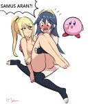  1boy 1girl absurdres bikini blue_eyes blue_hair blush blush_stickers carrying english_text fire_emblem highres hug kirby_(series) metroid myahogao nintendo nude samus_aran simple_background smile speech_bubble surprised swimsuit white_background 