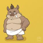  2022 anthro belly big_belly goyemon_k humanoid_hands kemono kensuke_shibagaki_(odd_taxi) male mammal moobs navel odd_taxi overweight overweight_male simple_background solo suid suina sus_(pig) towel wild_boar yellow_background 
