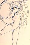  1girl alternate_costume bare_legs breasts commentary_request covered_navel d-m_(dii_emu) eyebrows_visible_through_hair eyelashes greyscale hoop horns hula_hoop ibuki_suika long_hair looking_at_viewer monochrome one-piece_swimsuit oni_horns open_mouth standing standing_on_one_leg swimsuit touhou very_long_hair 