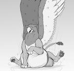  after_vore avian beak belly big_belly black_and_white feral gryphon hi_res jagg_(thatgryphonguy) male monochrome mythological_avian mythology solo thatgryphonguy thick_thighs vore wings 
