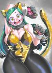  1girl animal_ears animal_hands bare_shoulders boku_no_hero_academia breasts cat_ears cat_paws cat_tail fang fangs green_hair hakkasame hand_up highres large_breasts leotard open_mouth pantyhose playboy_bunny ragdoll_(boku_no_hero_academia) smile tail teeth wrist_cuffs yellow_eyes yellow_leotard 