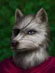  2012 anthro black_nose blue_eyes canid canine canis cheek_tuft clothing dated facial_tuft front_view fur glistening glistening_eyes glistening_nose grey_body grey_ears grey_fur male mammal neck_tuft red_clothing red_topwear scar signature simple_background skyelegs solo topwear tuft wolf 