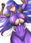  1girl absurdres akiyama_rinko blue_hair blush bodysuit breasts cameltoe cleavage cleavage_cutout clothing_cutout covered_navel from_above hair_between_eyes hair_spread_out highres kanna_(minamozuki) large_breasts long_hair looking_at_viewer lying on_back purple_bodysuit purple_eyes skin_tight smile solo taimanin_(series) taimanin_suit 