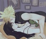  1boy 1girl bed black_hair blonde_hair bra breasts cleavage closed_eyes cloud_strife final_fantasy final_fantasy_vii final_fantasy_vii_remake highres kiss kissing_forehead large_breasts long_hair lying mercy_(myrrcy) on_back on_bed spiked_hair tifa_lockhart underwear 