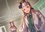  2girls animal_ears bangs blurry coat collared_shirt depth_of_field ear_bow glglpanda gold_ship_(umamusume) green_necktie green_shirt grey_hair hat highres horse_ears ii_desu_ka_ochitsuite_kiite_kudasai_(meme) indoors jitome labcoat long_hair long_sleeves looking_at_another looking_at_viewer mejiro_mcqueen_(umamusume) meme multiple_girls necktie no_mouth nurse_cap open_clothes open_coat open_mouth pillbox_hat purple_eyes purple_hair shirt smile solid_circle_eyes sweatdrop teeth umamusume upper_teeth white_coat white_shirt 