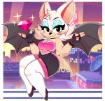  2022 absurd_res anthro breasts chest_tuft chiropteran clothed clothing elbow_tufts eyebrows eyelashes fangs female fingerless_gloves gem gloves green_eyes handwear hi_res high_heels looking_at_viewer mammal membrane_(anatomy) membranous_wings rouge_the_bat sega solo sonic_the_hedgehog_(series) sparkles tan_body tuft white_body wings wireless_shiba 