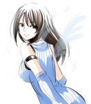  1girl angel_wings arm_warmers black_hair closed_mouth final_fantasy final_fantasy_viii long_hair looking_at_viewer minarai_zouhyou rinoa_heartilly simple_background sketch sleeveless sleeveless_duster smile solo white_background wings 