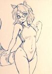  1girl alternate_costume animal_ears bare_legs breasts commentary_request covered_navel cowboy_shot d-m_(dii_emu) eyebrows_visible_through_hair eyelashes futatsuiwa_mamizou glasses greyscale happy leaf leaf_on_head looking_at_viewer monochrome one-piece_swimsuit open_mouth raccoon_ears raccoon_tail round_eyewear short_hair sketch swimsuit tail tanuki touhou traditional_media 