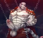  2022 abs accessory anthro areola arknights arm_scar ball_ring balls bodily_fluids bottomwear bound chain clenched_teeth clothed clothing cock_ring cuff_(restraint) dripping drooling erection facial_scar felid fur genital_fluids genitals glans hands_behind_back hands_tied hi_res humanoid_genitalia humanoid_penis hypergryph jacket jacket_on_shoulders jewelry kumammoto_(artist) male mammal mountain_(arknights) muscular muscular_anthro muscular_male nipples one_eye_closed open_bottomwear open_clothing open_pants pantherine pants partially_clothed pecs penetration penis penis_accessory penis_jewelry precum precum_drip red_bottomwear red_clothing red_pants restraints saliva scar solo striped_body striped_fur stripes studio_montagne sweat sweatdrop teeth text tiger topwear urethral urethral_penetration url vein veiny_penis video_games white_balls white_body white_fur 
