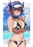  1girl 360_(taiyo360) :t absurdres animal_ears animal_print arknights beach bell bikini black_collar blurry blurry_background border breasts cleavage collar commentary_request cow_ears cow_print cowbell cowboy_shot hands_up highres horns large_breasts looking_at_viewer navel neck_bell orange_eyes ponytail pout purple_hair side-tie_bikini sideroca_(arknights) solo stomach swimsuit underboob visor_cap white_border 