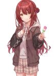  1girl :t arm_up bangs breasts closed_mouth cowboy_shot dango eating eyebrows_visible_through_hair eyes_visible_through_hair food giving hair_between_eyes hair_bun hair_ornament holding holding_food hood hoodie idolmaster idolmaster_shiny_colors jacket layered_clothing long_hair long_sleeves looking_at_viewer medium_breasts oosaki_tenka plaid plaid_shorts red_hair sanshoku_dango shorts sidelocks simoumi_217 simple_background smile wagashi white_background yellow_eyes 