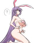  1girl ? alternate_costume animal_ears armpits bare_legs barefoot bouncing_breasts breasts cleavage closed_mouth commentary covered_nipples expressionless eyepatch_bikini feet_out_of_frame from_side henriiku_(ahemaru) kneeling large_breasts long_hair looking_at_viewer motion_lines purple_hair rabbit_ears red_eyes reisen_udongein_inaba sideboob simple_background solo spoken_question_mark straight_hair strap_pull string_bikini touhou underboob very_long_hair white_background 