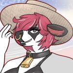  absurd_res anthro beach bikini bikini_top bovid bovine cattle clothing collar cowbell cross-hatching eri_(erimad) erimad female fur hair hat hatching_(art) headgear headwear hi_res looking_at_viewer mammal red_hair seaside shaded smile solo sun_hat swimwear white_body white_fur 