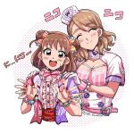  2girls blush bracelet brown_hair closed_eyes double_bun earrings gloves hair_ribbon hat idolmaster idolmaster_cinderella_girls jewelry jiga_wo_motsu multiple_girls munakata_atsumi nurse_cap open_hands open_mouth ribbon short_hair twitter_username yanagi_kiyora 