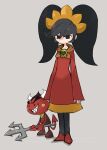  1girl absurdres ashley_(warioware) bangs black_eyes black_hair black_legwear closed_mouth demon_horns demon_tail dress full_body grey_background grin hair_between_eyes hairband highres holding horns long_hair long_sleeves orange_hairband pantyhose pitchfork red_(warioware) red_dress red_footwear sharp_teeth simple_background skull smile standing tail teeth tirarizun twintails warioware 