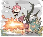  1boy 1girl ahoge axe bar_censor breathing_fire censored chibi closed_eyes completely_nude dragon dragon_horns elden_ring extra_arms fire godrick_the_grafted grey_sky holding holding_sword holding_weapon hololive horns jumping koritama long_hair navel nude open_mouth pink_hair sakura_miko sword virtual_youtuber weapon white_hair 